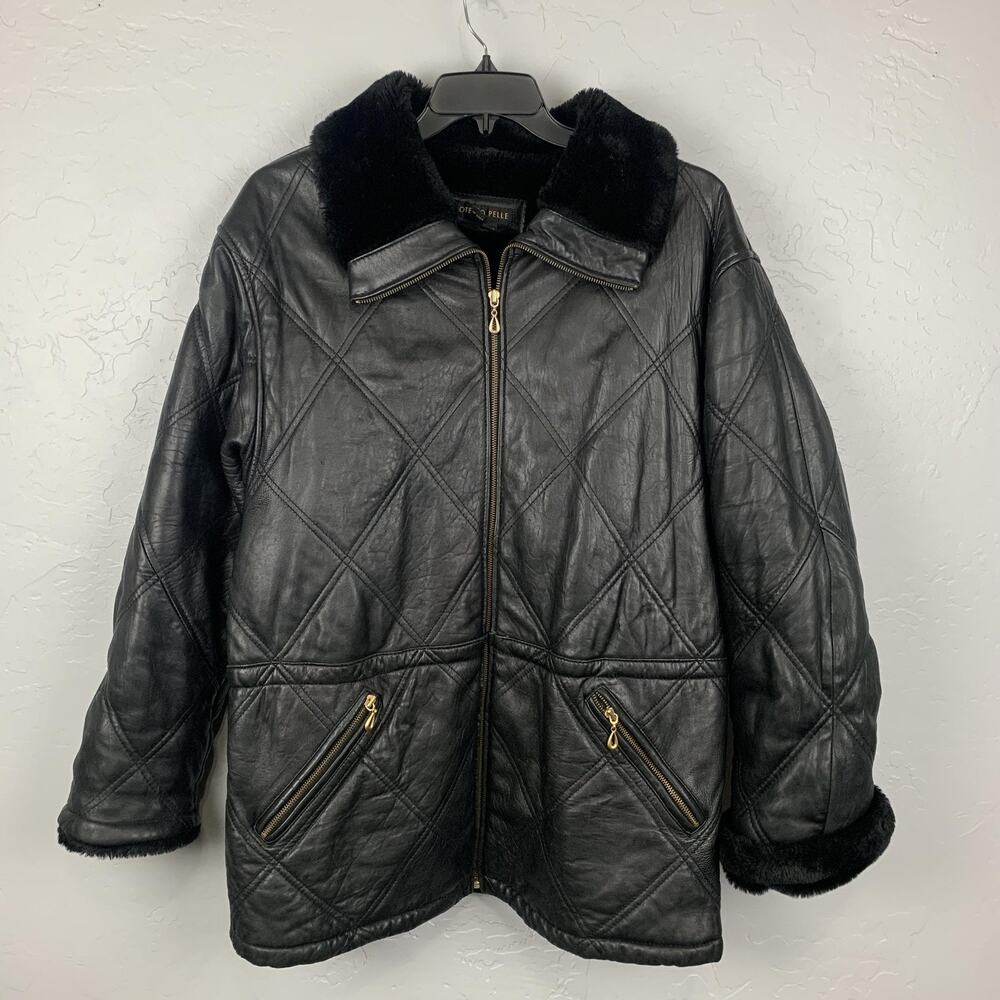 Otello Pelle Leather Jacket Mens Large Black Quilted Zip Faux Fur Collar Pockets